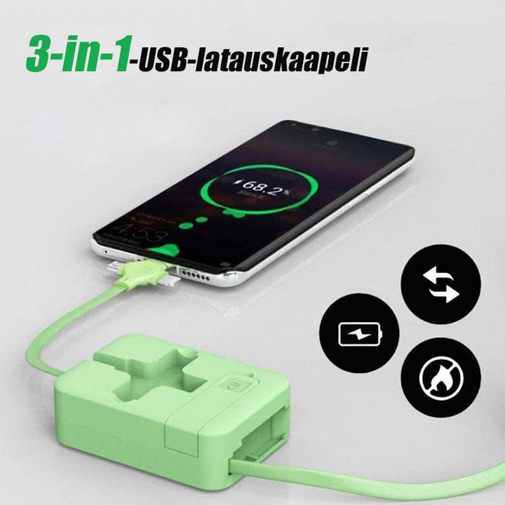 "Monikäyttöinen 3-in-1-puhelinteline ja latauskaapeli, sisältää Lightning, MicroUSB ja Type-C. Useita värivaihtoehtoja."