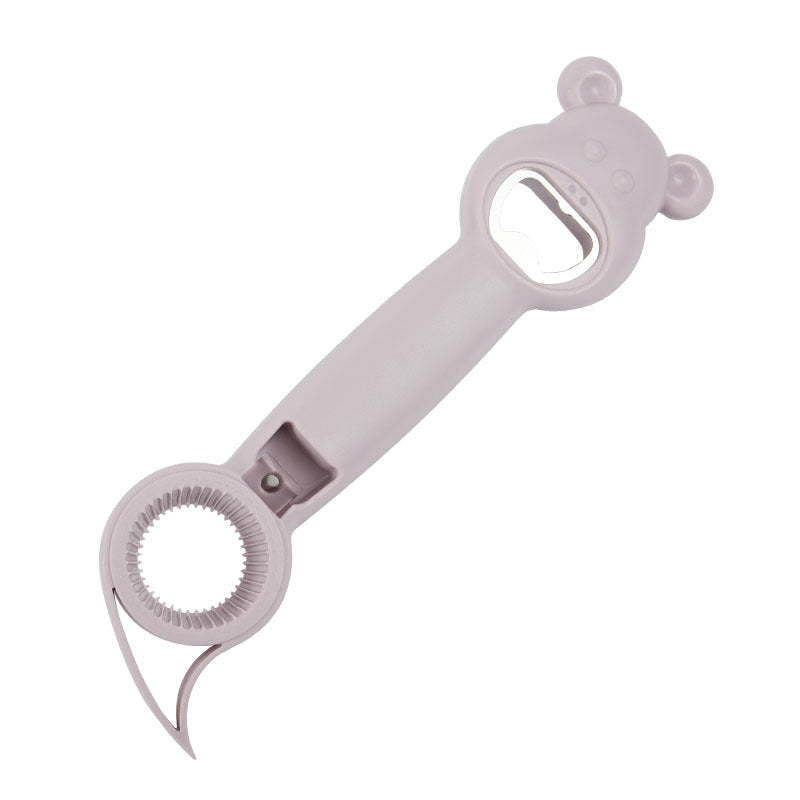 Multifunktionel 4-i-1 flaskeåbner til køkkenet, blå, moderne ergonomisk design, passer til forskellige flaskestørrelser.