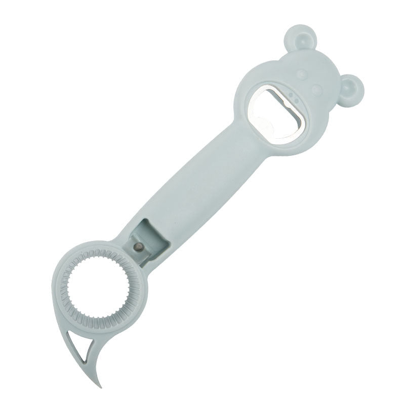 Multifunktionel 4-i-1 flaskeåbner til køkkenet, blå, moderne ergonomisk design, passer til forskellige flaskestørrelser.