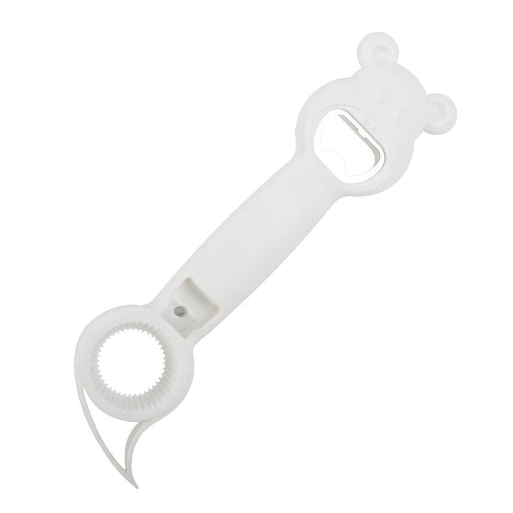 Multifunktionel 4-i-1 flaskeåbner til køkkenet, blå, moderne ergonomisk design, passer til forskellige flaskestørrelser.