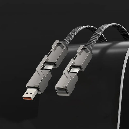 "Monikäyttöinen 4-in-1 punottu latauskaapeli, litteä muotoilu, tarranauhakiinnitys, liittimet USB A-C, Lightning, USB C"