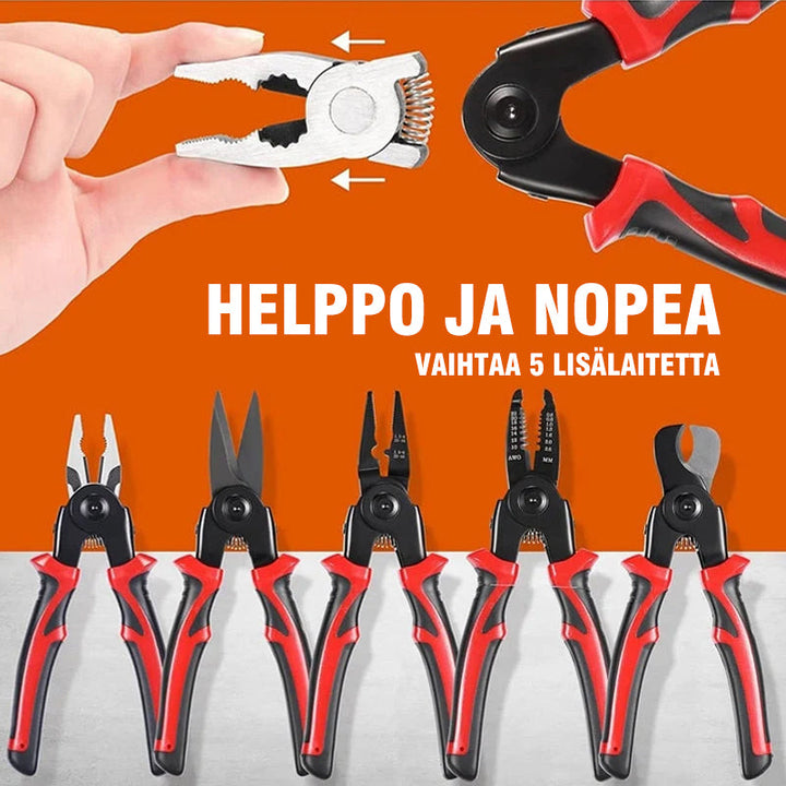 Multiværktøjssæt med 5 funktioner, skarpe klinger, ergonomisk tofarvet håndtag, kompakt og holdbart design.