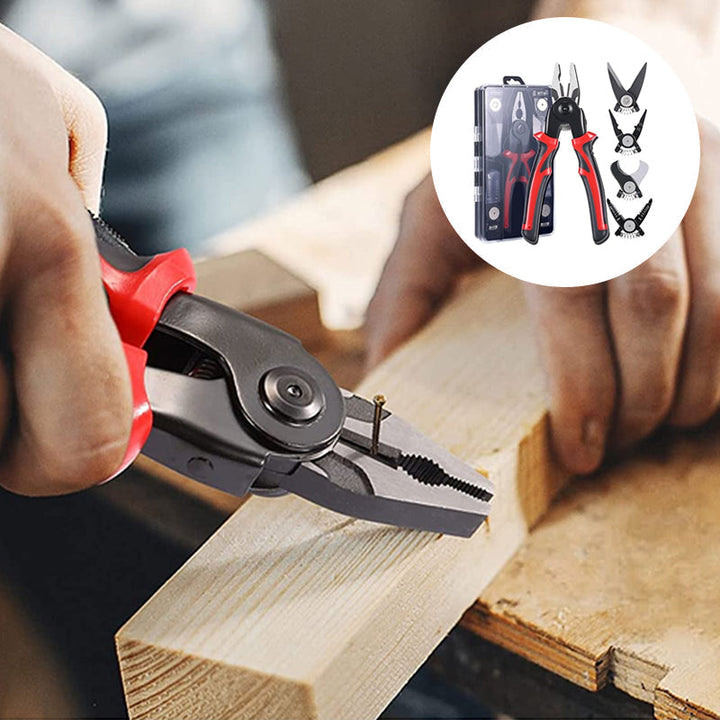 Multiværktøjssæt med 5 funktioner, skarpe klinger, ergonomisk tofarvet håndtag, kompakt og holdbart design.