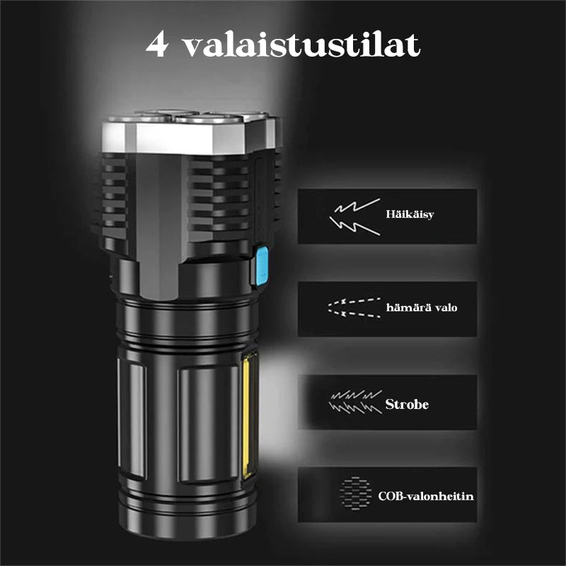 Multifunktionel LED lommelygte, 100.000 lm, fire lampeperler, IP65 vandtæt, lang rækkevidde, kraftfuld lygte.