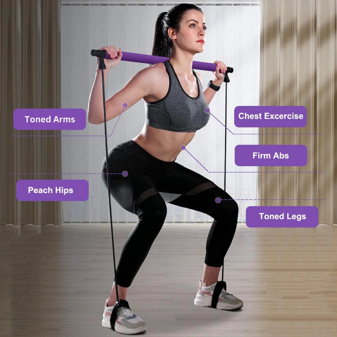 Monikäyttöinen Pilates Bar kotiharjoitteluun, joustava teräsrakenne, vaahtomuovipehmusteet, tekee koko kehon treenistä helppo