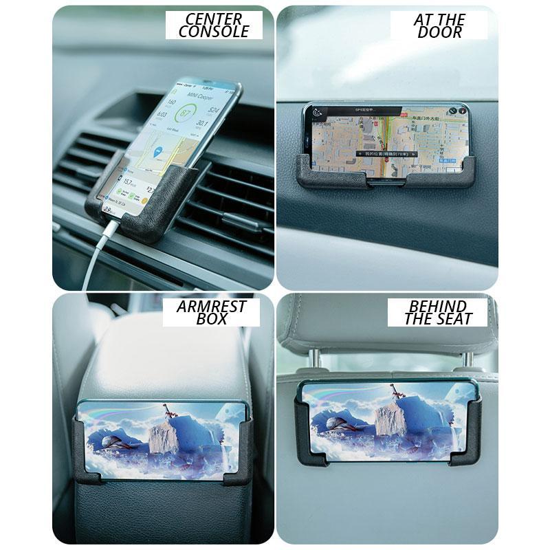 "Monikäyttöinen autopuhelinpidike useissa väreissä, tyylikäs PVC-nahkapinta, helppo asentaa vaakaan tai pystyyn."