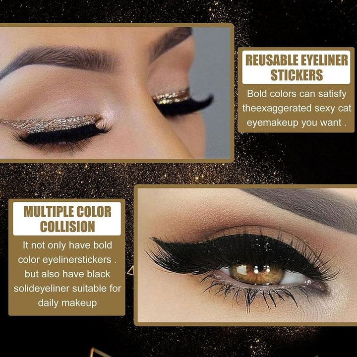 Monikäyttöinen glitter eyeliner ja ripsetarrasarja naisille, sisältää 4 paria värikkäitä ja helposti asennettavia tarroja.