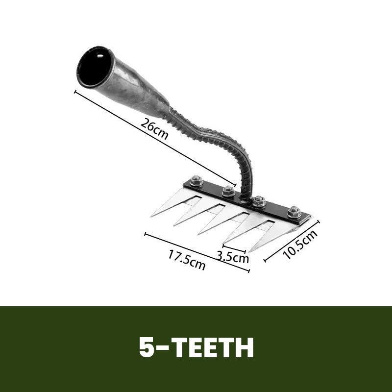 Monikäyttöinen ja ergonominen hiiliteräksinen puutarhakäsiharava, terävät piikit, valmistettu kestävästä metallista.