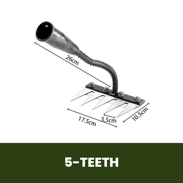Monikäyttöinen ja ergonominen hiiliteräksinen puutarhakäsiharava, terävät piikit, valmistettu kestävästä metallista.