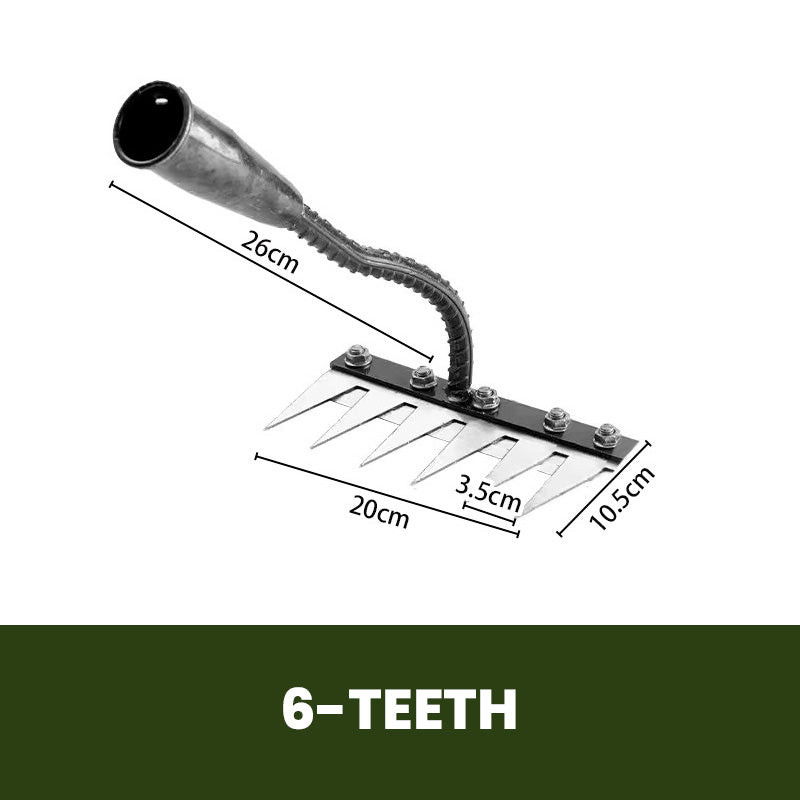 Monikäyttöinen ja ergonominen hiiliteräksinen puutarhakäsiharava, terävät piikit, valmistettu kestävästä metallista.