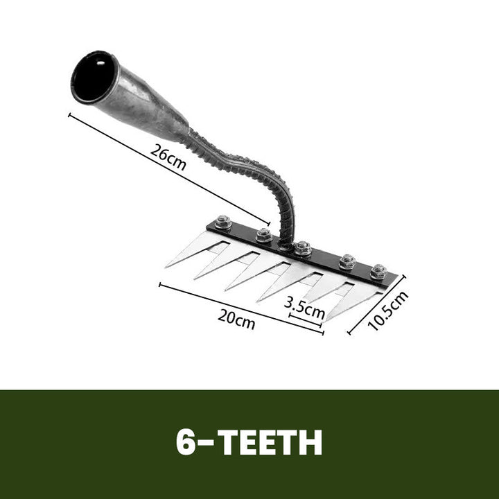 Monikäyttöinen ja ergonominen hiiliteräksinen puutarhakäsiharava, terävät piikit, valmistettu kestävästä metallista.