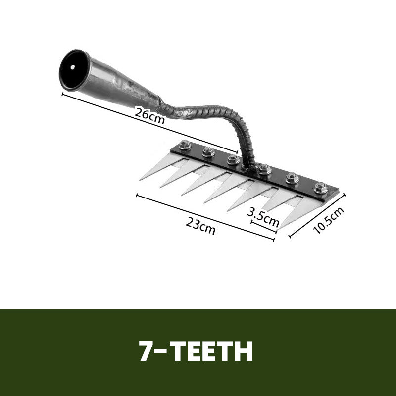 Monikäyttöinen ja ergonominen hiiliteräksinen puutarhakäsiharava, terävät piikit, valmistettu kestävästä metallista.