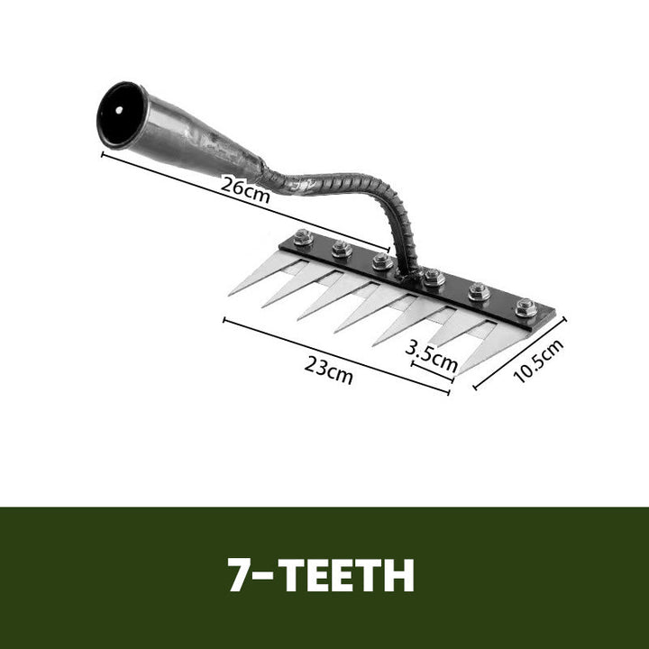 Monikäyttöinen ja ergonominen hiiliteräksinen puutarhakäsiharava, terävät piikit, valmistettu kestävästä metallista.