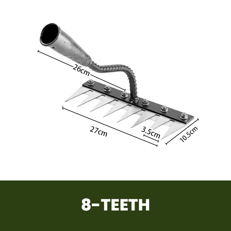 Monikäyttöinen ja ergonominen hiiliteräksinen puutarhakäsiharava, terävät piikit, valmistettu kestävästä metallista.