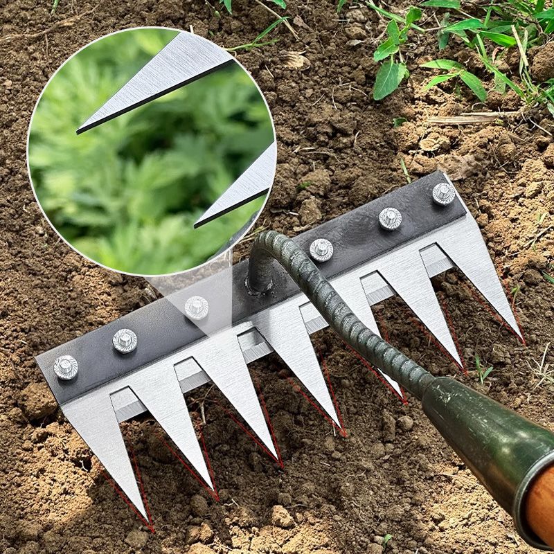 Monikäyttöinen ja ergonominen hiiliteräksinen puutarhakäsiharava, terävät piikit, valmistettu kestävästä metallista.