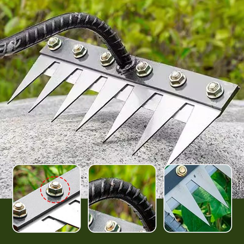 Monikäyttöinen ja ergonominen hiiliteräksinen puutarhakäsiharava, terävät piikit, valmistettu kestävästä metallista.