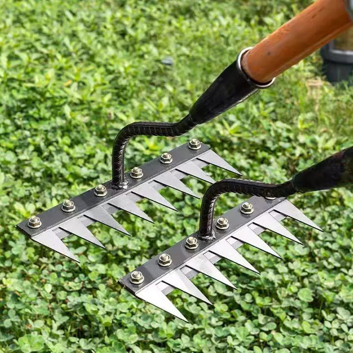 Monikäyttöinen ja ergonominen hiiliteräksinen puutarhakäsiharava, terävät piikit, valmistettu kestävästä metallista.