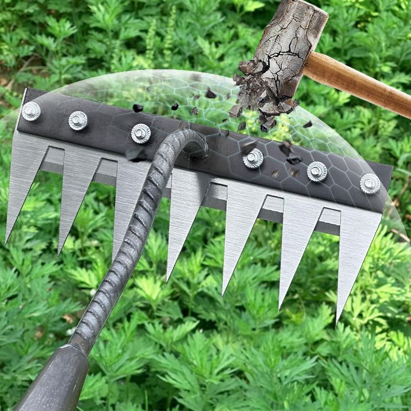 Monikäyttöinen ja ergonominen hiiliteräksinen puutarhakäsiharava, terävät piikit, valmistettu kestävästä metallista.