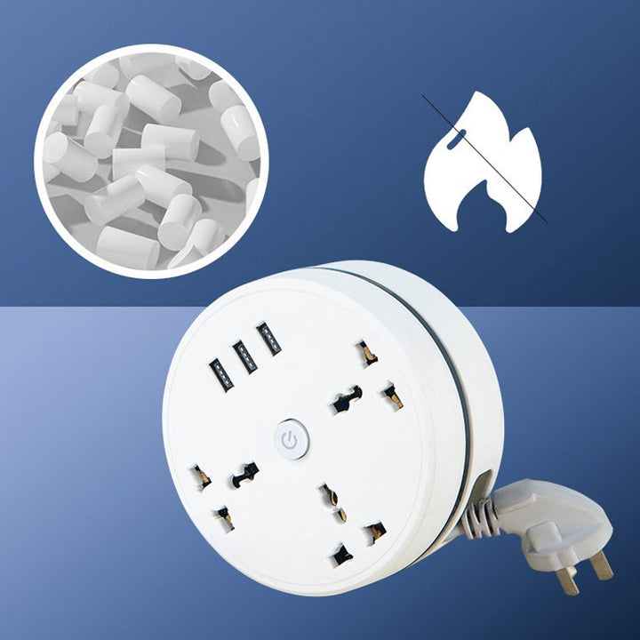 Multifunktionel forlængerledning med tre stikkontakter og USB-porte, hvid, udtrækkelig ledning, 6,5 fod.