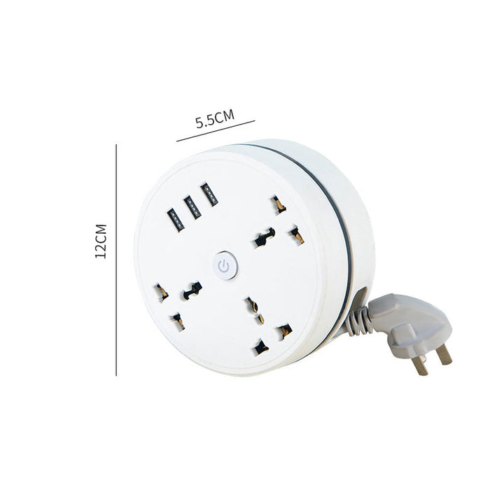 Multifunktionel forlængerledning med tre stikkontakter og USB-porte, hvid, udtrækkelig ledning, 6,5 fod.