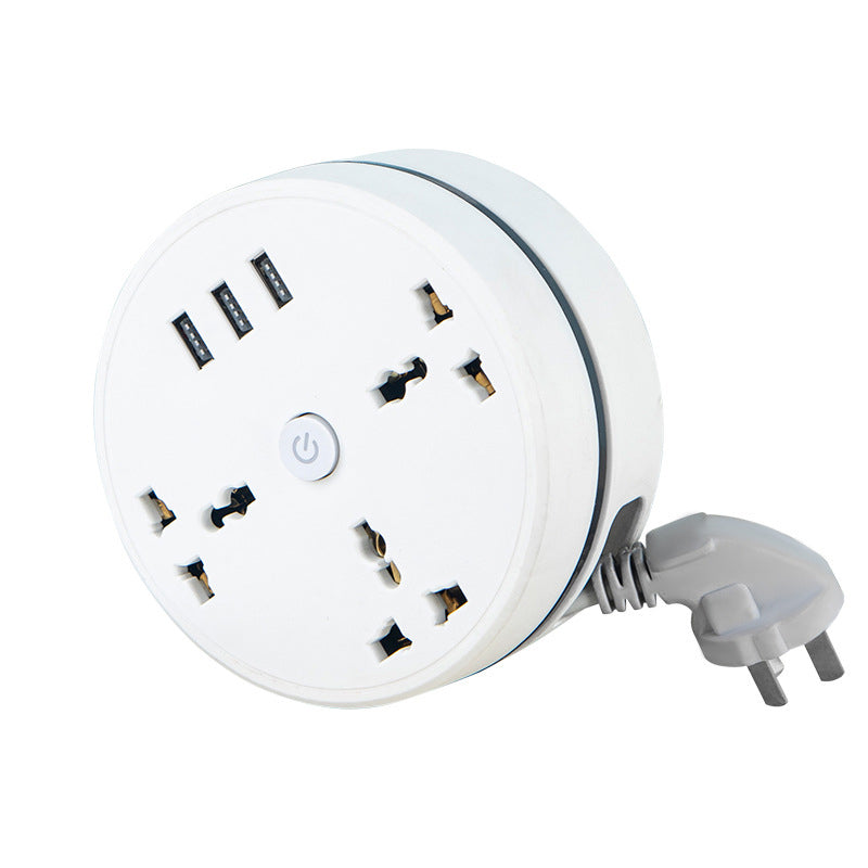 Multifunktionel forlængerledning med tre stikkontakter og USB-porte, hvid, udtrækkelig ledning, 6,5 fod.