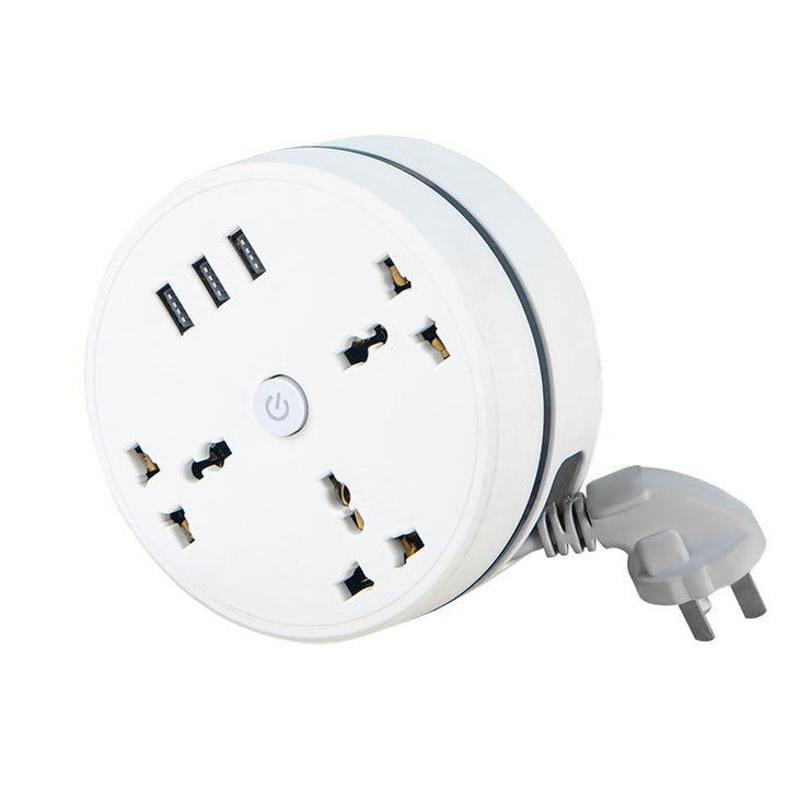 Multifunktionel forlængerledning med tre stikkontakter og USB-porte, hvid, udtrækkelig ledning, 6,5 fod.