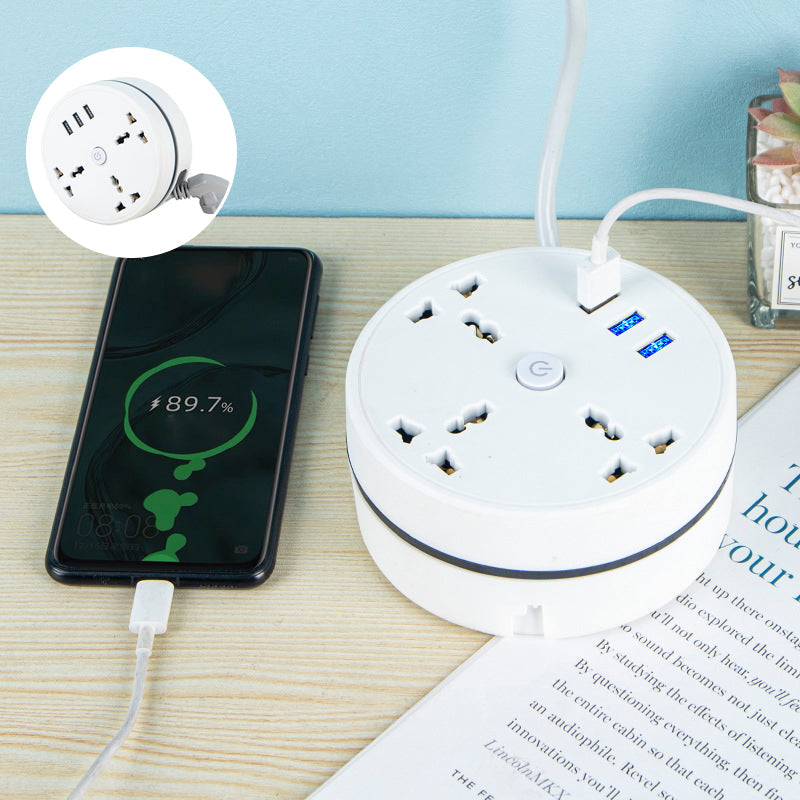 Multifunktionel forlængerledning med tre stikkontakter og USB-porte, hvid, udtrækkelig ledning, 6,5 fod.