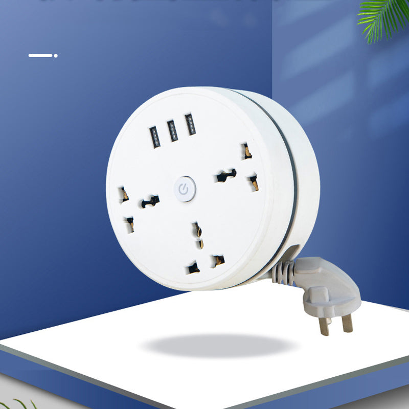 Multifunktionel forlængerledning med tre stikkontakter og USB-porte, hvid, udtrækkelig ledning, 6,5 fod.