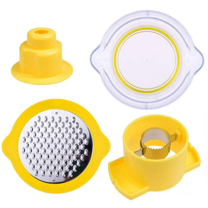 Monikäyttöinen keittiötyökalu maissille, väriltään keltainen ja sininen, joka raastaa ja viipaloi tehokkaasti.