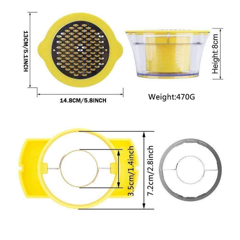 Monikäyttöinen keittiötyökalu maissille, väriltään keltainen ja sininen, joka raastaa ja viipaloi tehokkaasti.