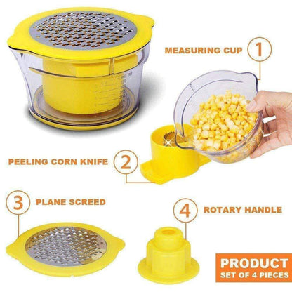 Monikäyttöinen keittiötyökalu maissille, väriltään keltainen ja sininen, joka raastaa ja viipaloi tehokkaasti.