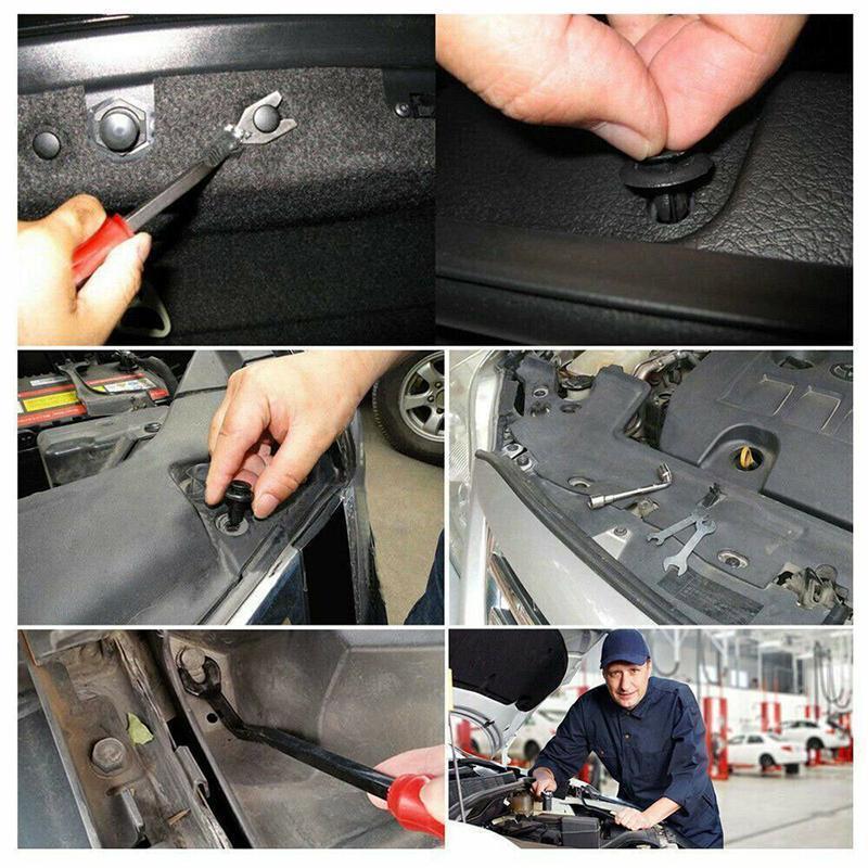 Alsidigt beslagssæt til biler; indeholder nylonbeslag og aftagningsværktøj; egnet til køretøjsinstallationer.