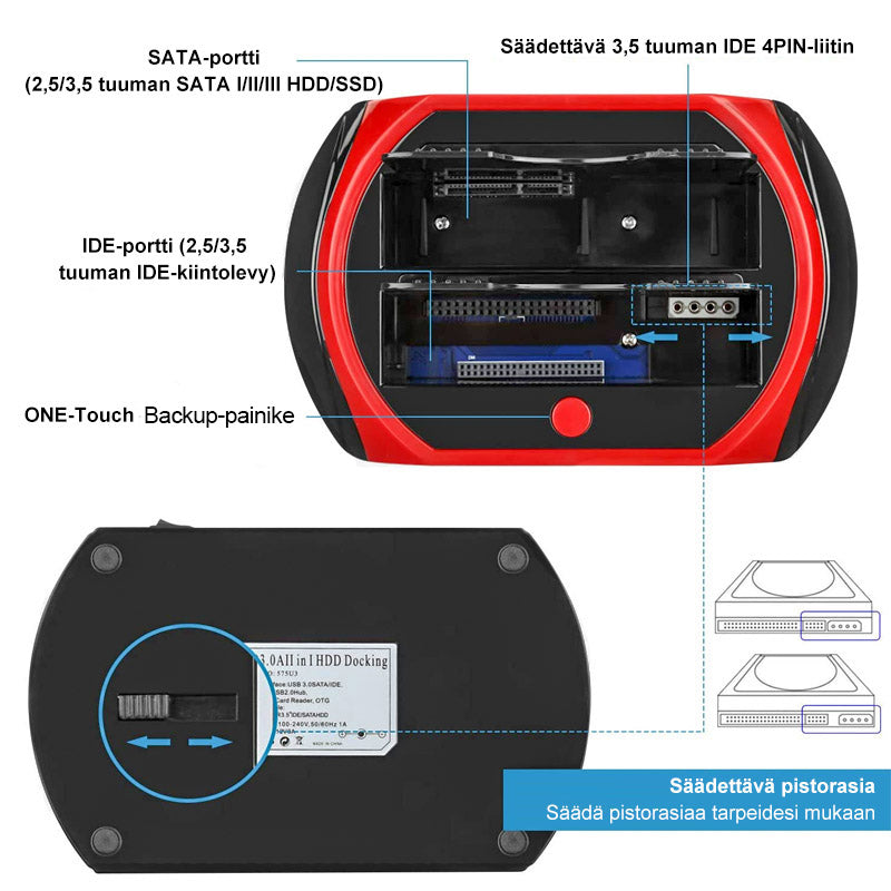 Multifunktionel harddiskadapter med plads til to drev, kompatibel med smart home-systemer