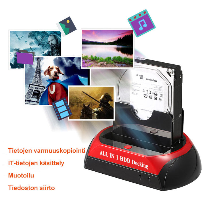 Multifunktionel harddiskadapter med plads til to drev, kompatibel med smart home-systemer