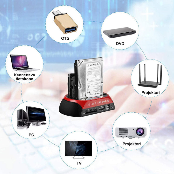 Multifunktionel harddiskadapter med plads til to drev, kompatibel med smart home-systemer
