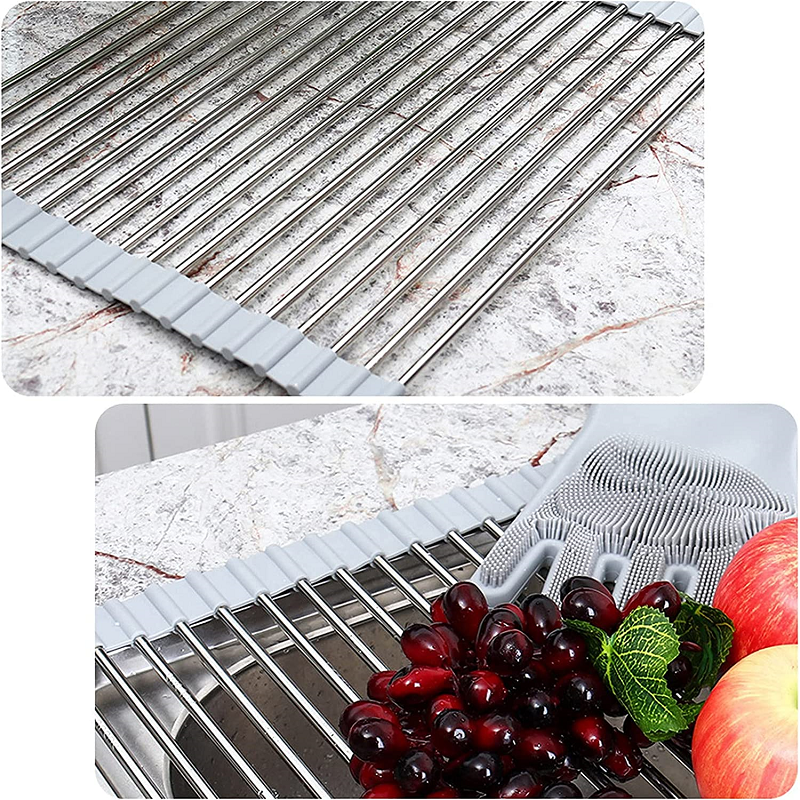 Alsidig foldbar opvaskestativ, sort, rustfrit stål, pladsbesparende i køkkenet.