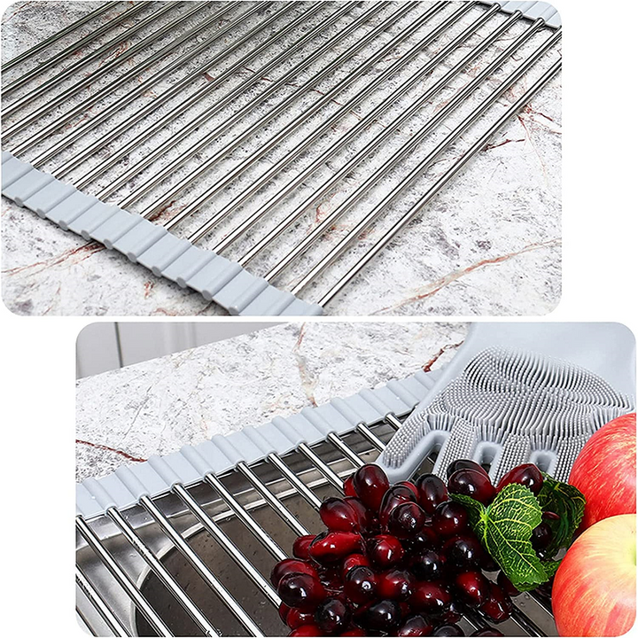 Alsidig foldbar opvaskestativ, sort, rustfrit stål, pladsbesparende i køkkenet.