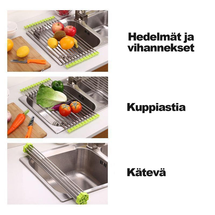 Alsidig foldbar opvaskestativ, sort, rustfrit stål, pladsbesparende i køkkenet.
