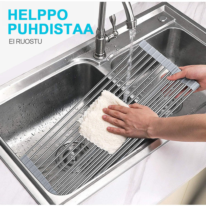 Alsidig foldbar opvaskestativ, sort, rustfrit stål, pladsbesparende i køkkenet.