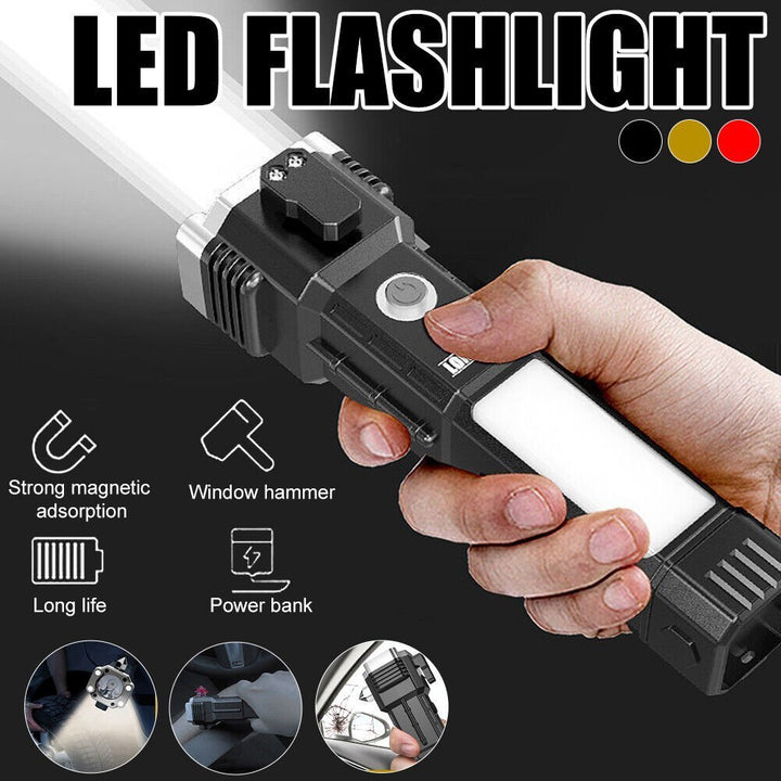 Multifunktionel genopladelig LED taktisk lommelygte, sølv, fremviser dens forskellige lysstyrker og funktioner.