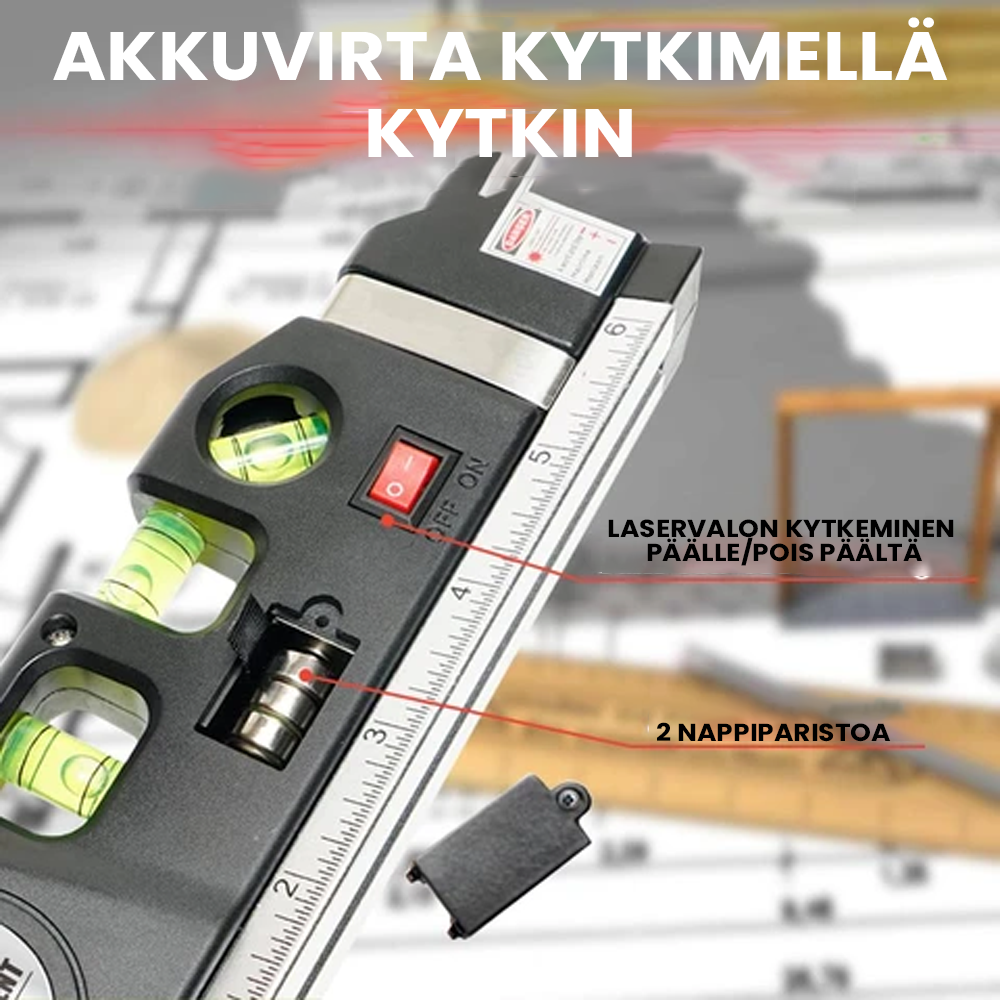 Alsidigt laser måleværktøj i sort, inklusive målebånd, vaterpas, boblelys og laserstråle, til hjemmebrug.