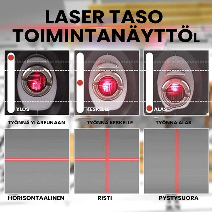 Alsidigt laser måleværktøj i sort, inklusive målebånd, vaterpas, boblelys og laserstråle, til hjemmebrug.