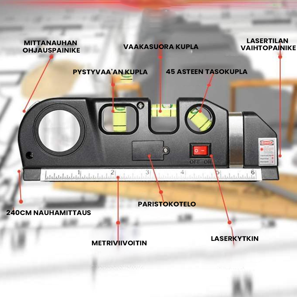 Alsidigt laser måleværktøj i sort, inklusive målebånd, vaterpas, boblelys og laserstråle, til hjemmebrug.
