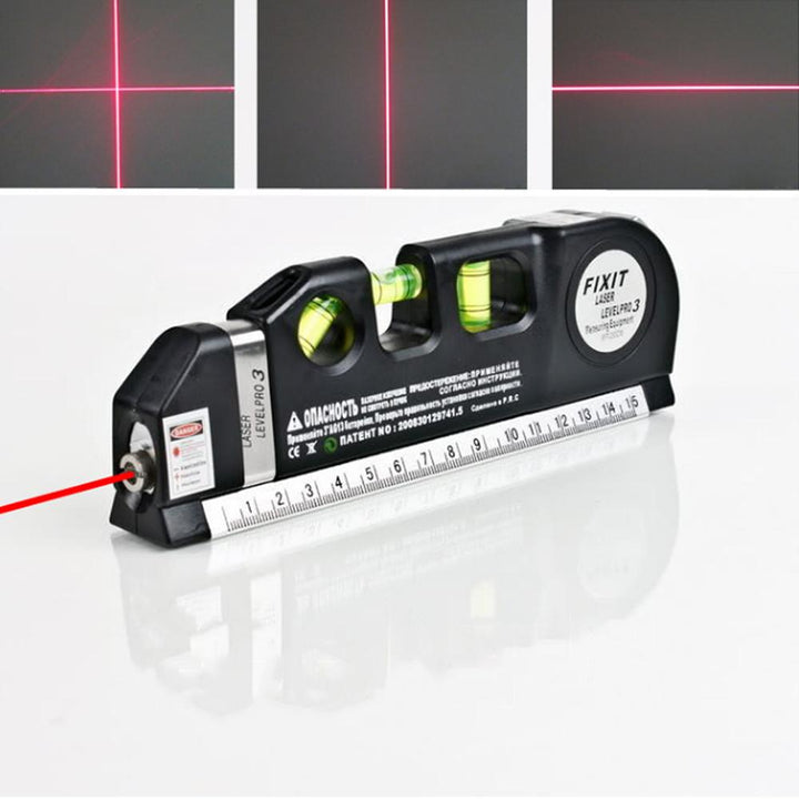 Alsidigt laser måleværktøj i sort, inklusive målebånd, vaterpas, boblelys og laserstråle, til hjemmebrug.