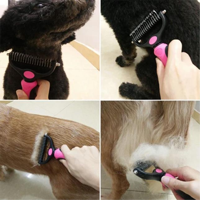 Alsidig kæledyrshårbørste, ergonomisk designet, blå eller pink, velegnet til hunde og katte.