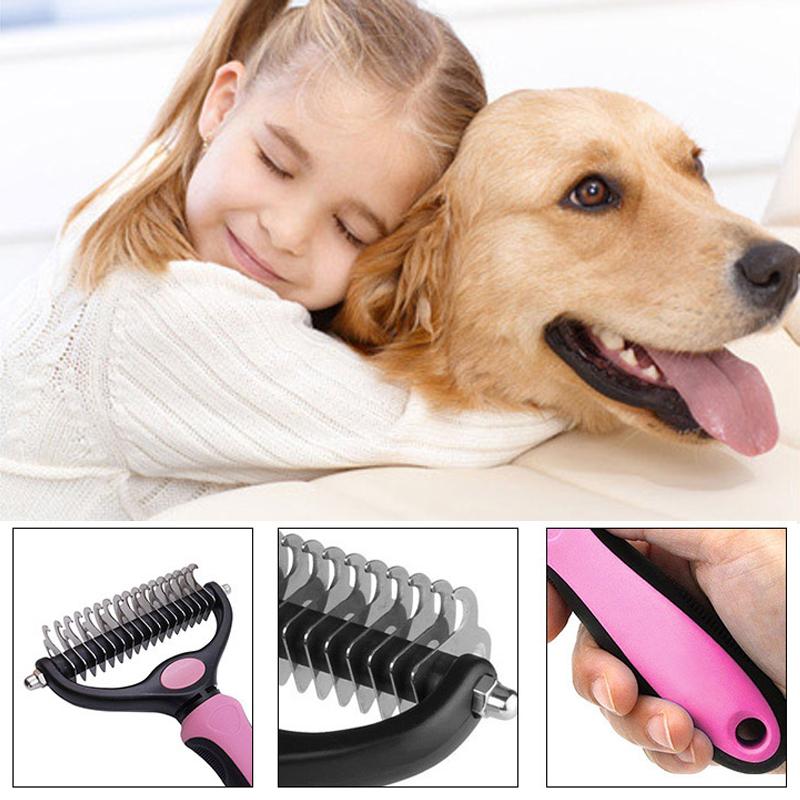 Alsidig kæledyrshårbørste, ergonomisk designet, blå eller pink, velegnet til hunde og katte.