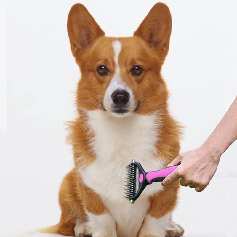 Alsidig kæledyrshårbørste, ergonomisk designet, blå eller pink, velegnet til hunde og katte.