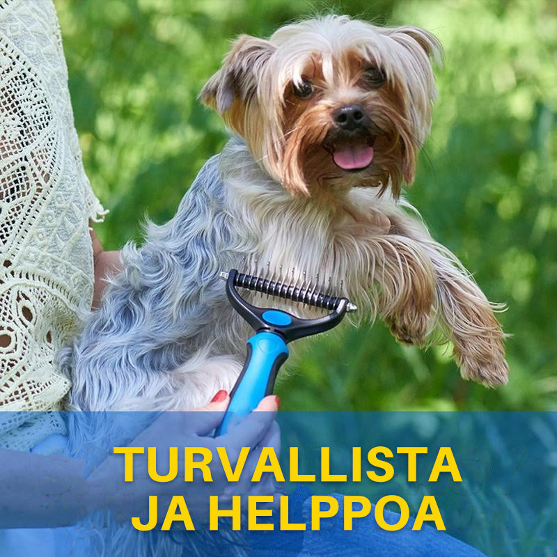 Alsidig kæledyrshårbørste, ergonomisk designet, blå eller pink, velegnet til hunde og katte.