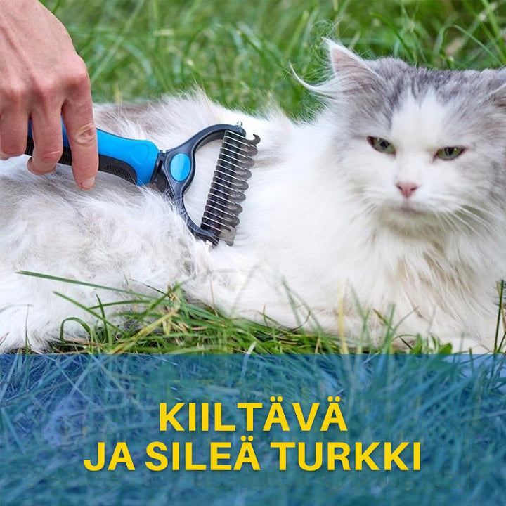 Alsidig kæledyrshårbørste, ergonomisk designet, blå eller pink, velegnet til hunde og katte.