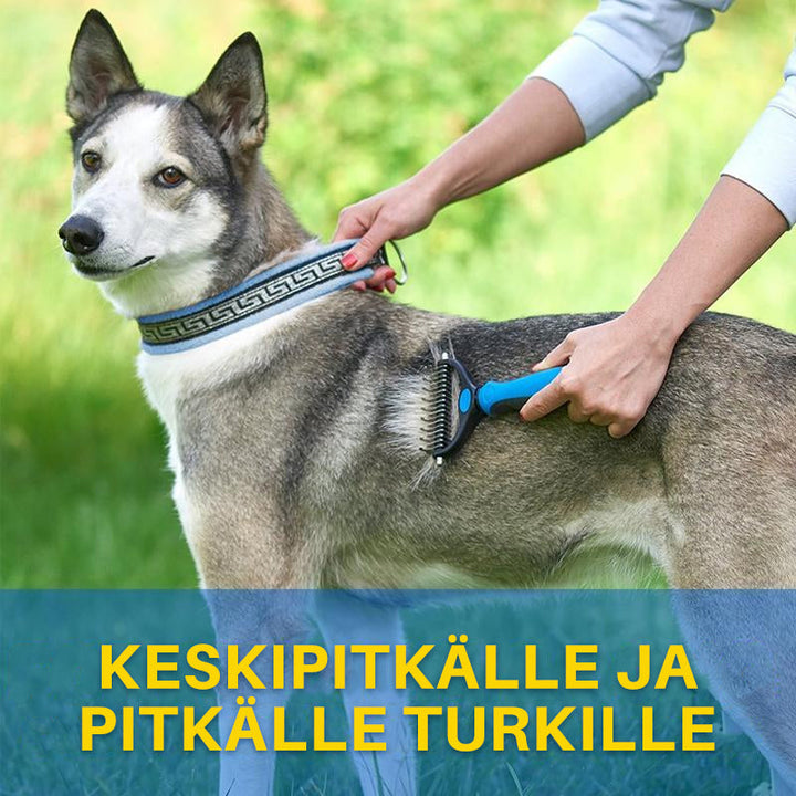 Alsidig kæledyrshårbørste, ergonomisk designet, blå eller pink, velegnet til hunde og katte.